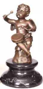 Bronzefigur Engel spielt Trommel Musiker Putto Engelfigur Bronze - Bild 1 von 3