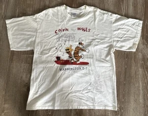 Vintage 90s Calvin and Hobbes Washington D.C. Rare Retro Size XL White T-Shirt - Picture 1 of 8