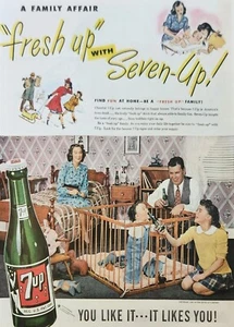 1947 7UP Soda Vintage Ad A Family Affair Baby in Playpen - Imagen 1 de 1