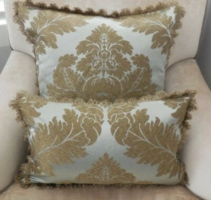 ❇️ NEW Silvery Blue-Green & Bronze FRINGED SILK Damask Cushion Covers OBLONG /SQ - Picture 1 of 11