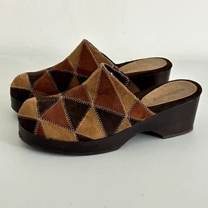 Retro Boho Western Women Shoes 8 Brown Suede Patchwork Clogs Cowgirl Hippie Y2K - Picture 1 of 10