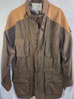 Vintage Orvis Mens L Flannel Lined Longline Leather Trim Field Jacket Barn Coat - Image 1 of 4