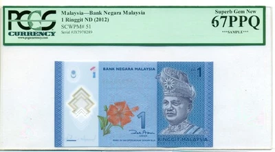 Malaysia 2012 1 Ringgit Bank Note Superb Gem New 67 PPQ PCGS Currency Sample - Image 1 of 4