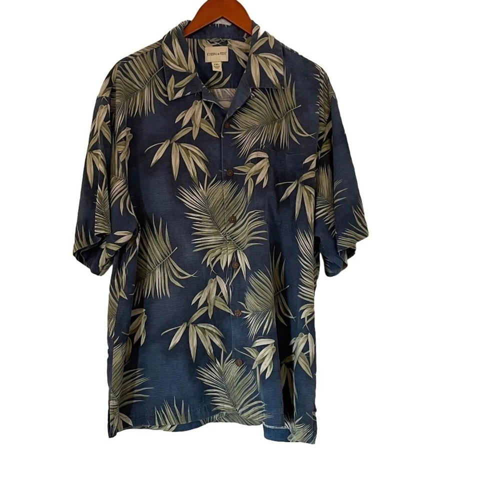 Joseph & Feiss Silk Blue Floral Palm Tropical Camp Collar Button Down Shirt, XXL - Image 1 of 4