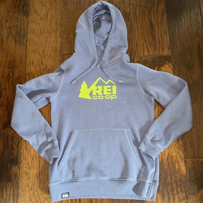 Sudadera cooperativa REI para mujer pequeña azul verde azulado logotipo gráfico cuello redondo sudadera con capucha suave Foto 1 de 4