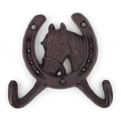 Gancho de caballo herradura de hierro fundido rústico - Percha de pared doble para abrigos y llaves Foto 1 de 4