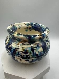 Handmade Art Pottery Vase Blue Orange Green Splatter Glaze Design 4.5x3.5” - Picture 1 of 6