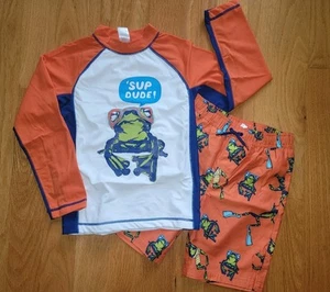 NWT Gymboree Orange 'Sup Dude Frog Print Swim Trunks & Rashguard Set Sz 7 8 - Picture 1 of 3