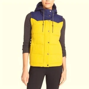 Patagonia Women’s Bivy Hooded Vest Yellow Navy Mushroom Print Lining XS - Bild 1 von 13