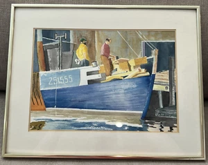 "Fixing up the Boat" Original Watercolor Painting Signed Robert Ludden Nautical - Picture 1 of 6