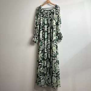 ASOS Maxi Dress Women 2 Green Floral Chiffon Bell Sleeve Tropical Cruise Beach - Picture 1 of 9