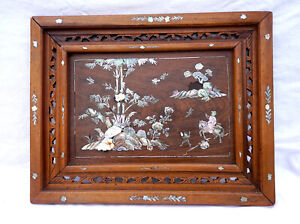 Vintage Engraved Mother of Pearl Inlayed Cut Wood Wall Panel Southern Asia