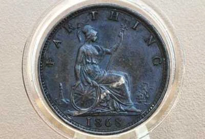 1868 Farthing Great Britain - Choice AU, Beautiful Coin - UK Farthing 1868 - Que - Image 1 of 2