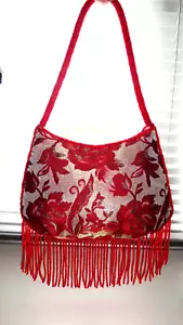 T2 TULA Red & Beige Tapestry-Look Beaded With Tassels Shoulder Evening Bag Small - Picture 1 of 12