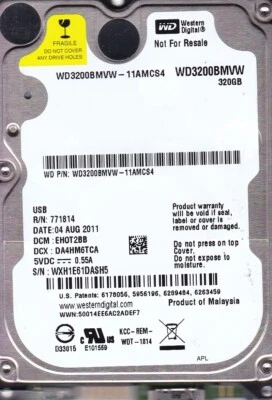 WD WD3200BMVW-11AMCS4 dcm: EH0T2BB AUG 2011 MALAYSIA 320GB 2.5" USB 3.0 7812 - Image 1 of 2