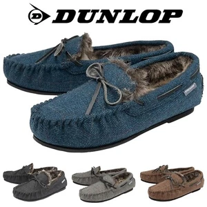 Dunlop Mens Moccasins Slippers Loafers Faux Fur Rubber Sole Memory Foam - Picture 1 of 41