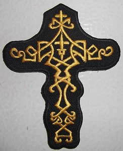 GOLD & BLACK CELTIC CROSS PATCH - MOTORCYCLE VEST PATCH - CHRISTIAN CROSS - Picture 1 of 1