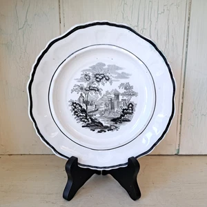 Antique 19thc Black Transferware 7.25" Plate Scallop Edge Castle - Picture 1 of 7