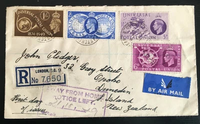 GB 1949 U.P.U Registered FDC to NZ, Eastcheap EC3 pmk interesting cachets (Q29) - Image 1 of 2