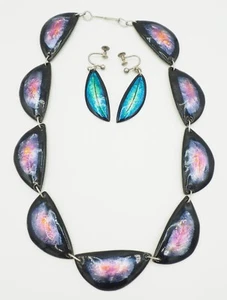 VTG cloisonné enamel copper panels 2 sided floral Modern necklace earrings set - Picture 1 of 9