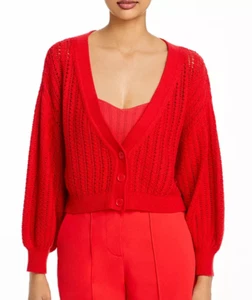 ALICE + OLIVIA Poppy Red Cropped Puff Sleeve Cardigan Sweater XS Spring Summer - Picture 1 of 9