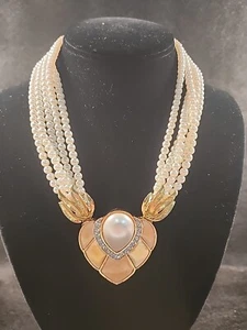 Vtg BUTLER Multi Strand Necklace Faux Pearl Enamel Rhinestone Gold 1980’s Signed - Picture 1 of 16