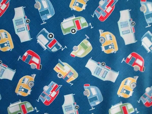 RETRO TRAILER VINTAGE CAMPERS BLUE TRAILERS CAMPER COTTON FABRIC BTHY  - Picture 1 of 5