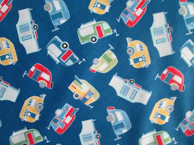 RETRO TRAILER VINTAGE CAMPERS BLUE TRAILERS CAMPER COTTON FABRIC BTHY  - Image 1 of 4