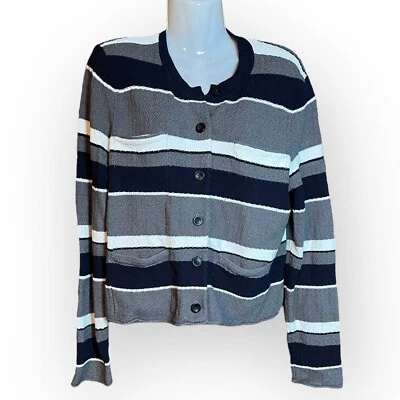 Cárdigan para mujer Ann Taylor tejido azul blanco gris suéter con botones dinero antiguo Foto 1 de 4