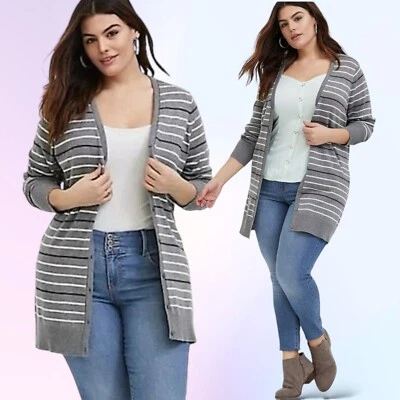 Cárdigan Suéter TORRID Boyfriend Longline Abotonado Lagenlook Rayas Gris 2X Foto 1 de 4