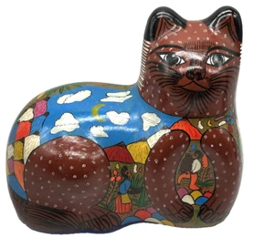 Große mexikanische Keramik Volkskunst Terrakotta Katze handbemalt Dorf Landschaft - Bild 1 von 13