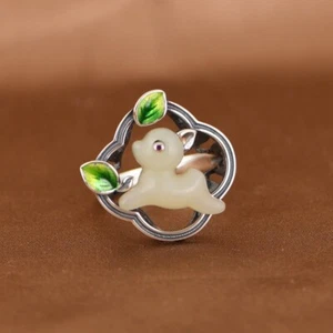 I05 Ring Hase aus weißer naturfarbener Jade Sterling Silber 925 vergoldet - Bild 1 von 6