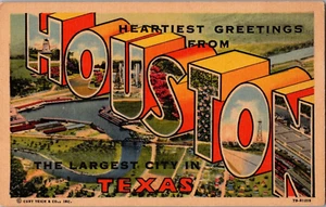 Postal de saludo desde Houston ciudad más grande de Texas letra grande lino sin publicar - Imagen 1 de 2