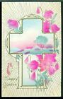 A HAPPY EASTER Hand Tinted Gold Cross Frames Scene Flowers Vintage Postcard