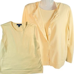 Lands End Women’s 2 Piece Butter Yellow Cardigan Top Twin Set Size XL Modest - Picture 1 of 14