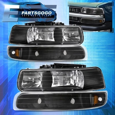 For 99-02 Silverado 00-06 Tahoe Suburban Black Amber Headlights + Bumper Lamps - Image 1 of 4