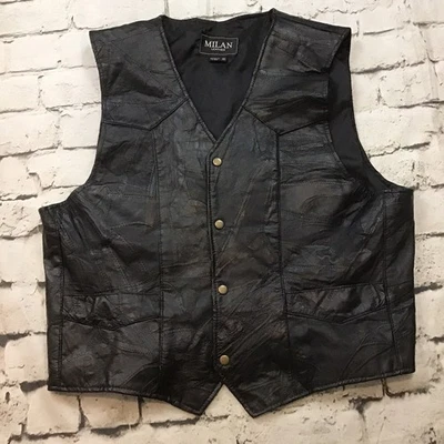 Chaleco de cuero Milan para hombre talla XL negro retazos a presión vintage motociclista motocicleta Foto 1 de 4