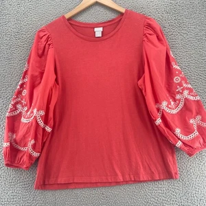 Chicos Top Damen 2 US Large korallenrot lang Ballon Puffärmel Ösen Spitze - Bild 1 von 11