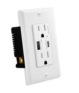 Quick Charge USB Wall Outlet 4.8A Type C/A Ports PD 2.0 3.0 with Plate UL Listed - Picture 1 of 7