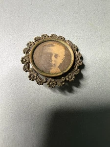 Antique Victorian Mourning Brooch w/ Child Portrait Photo – Brass Floral Frame - Picture 1 of 5