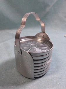 Vintage 50's Hand Forged Aluminum Coasters Daisy Design Set of 8 with Caddy 3" - Picture 1 of 15