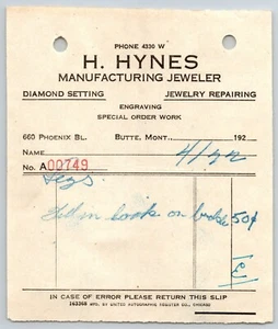 Butte, MT H. Hynes Juwelier / Leys Schmuck 1922 Billhead "Gold in Loop ?" - Bild 1 von 2