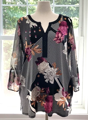 JMS Womens Size 1X Multi-Colored Floral Stiped Chiffon Blouse w/ Beaded Neckline - Image 1 of 4