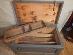 Carpenter Tool Box Painted Pine Chest with trays old locks Cast iron handles - Picture 1 of 22