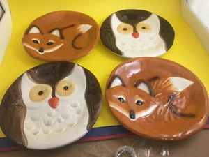  Set of 4 Salad Plates, 2 Fox + 2 Owl Earthenware, Dishwasher & Microwave Safe - Picture 1 of 10