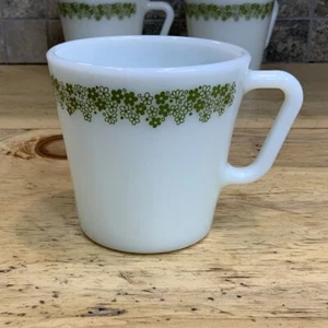 Vintage Pyrex Green Crazy Daisy Flower Milk Glass Mugs Set of 3 Coffee Tea Cups - Picture 1 of 8