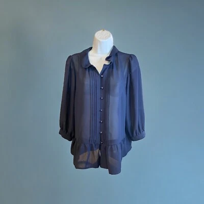 Blusa Forever 21 Mujer Grande Transparente Azul Marino Abotonada Plisada Volantes Dobladillo Grannycore Foto 1 de 4