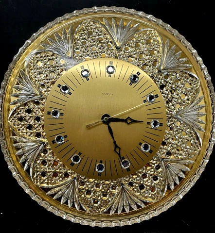 MCM Junghans Quartz Plated & Crystal Round 12" Wall Clock w/Gold Face Works Well Cover