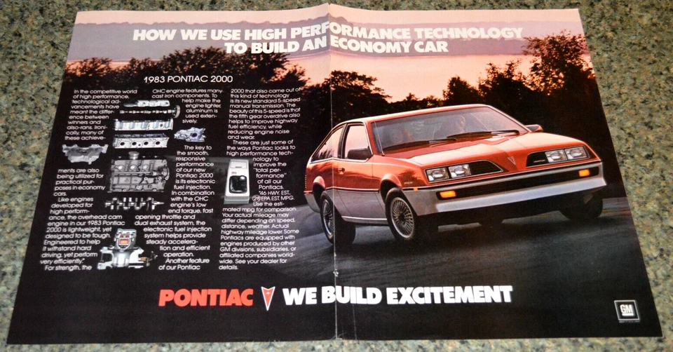 1983 PONTIAC 2000 ORIGINAL FOLDOUT ADVERTISEMENT AD 83 J2000 - Image 1 of 1