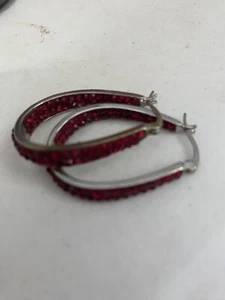 Hoop Earrings 2 Rows Of Red Crystals Stainless Steel Alloy - Picture 1 of 4